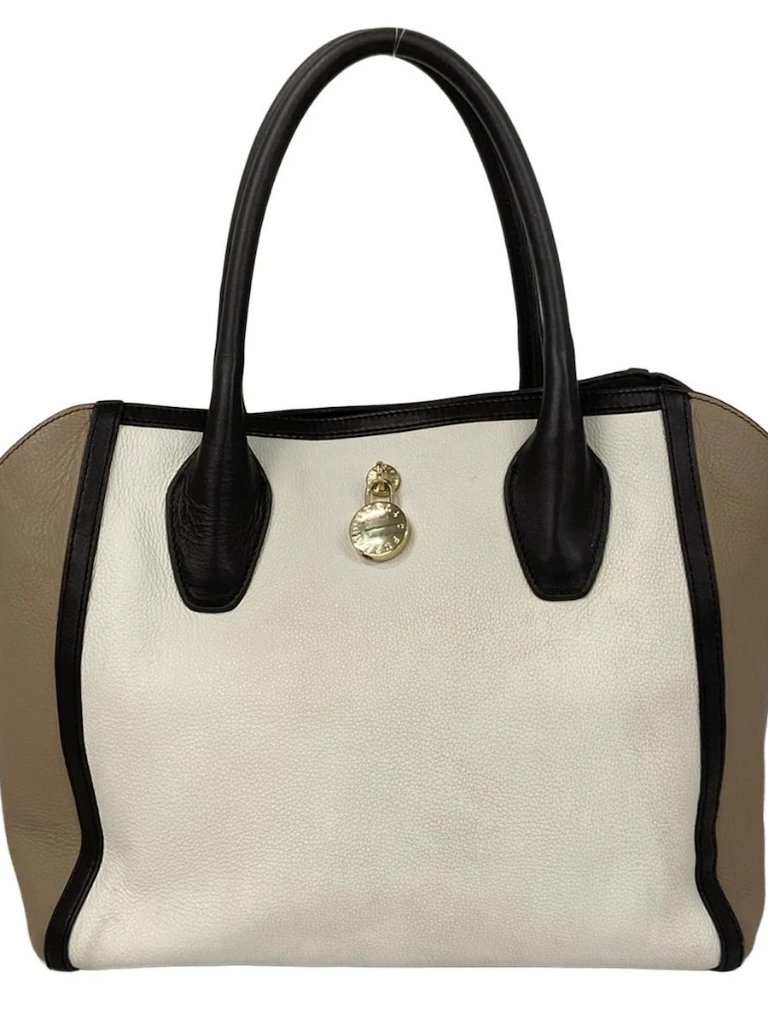 Furla White Charcoal Gray Beige Leather Tote Bag